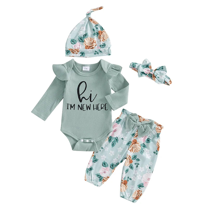 Pudcoco Baby Girls 4 Piece Outfit Set Letter Print Romper Floral Pants Hat