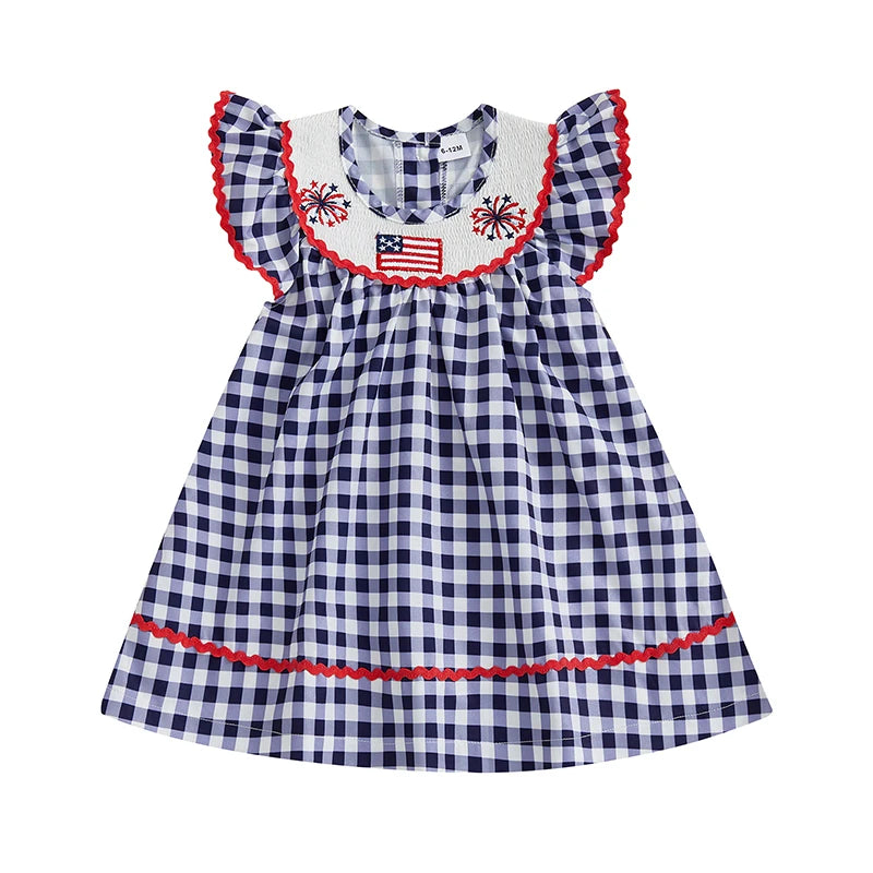 Independence Day Toddler Dress Plaid Design With American Flag Embroidery