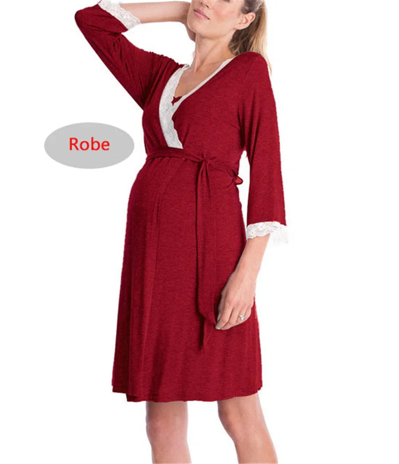 Maternity Nursing Nightgown Lace Sleepwear With Adjustable Belt Pajama Dress