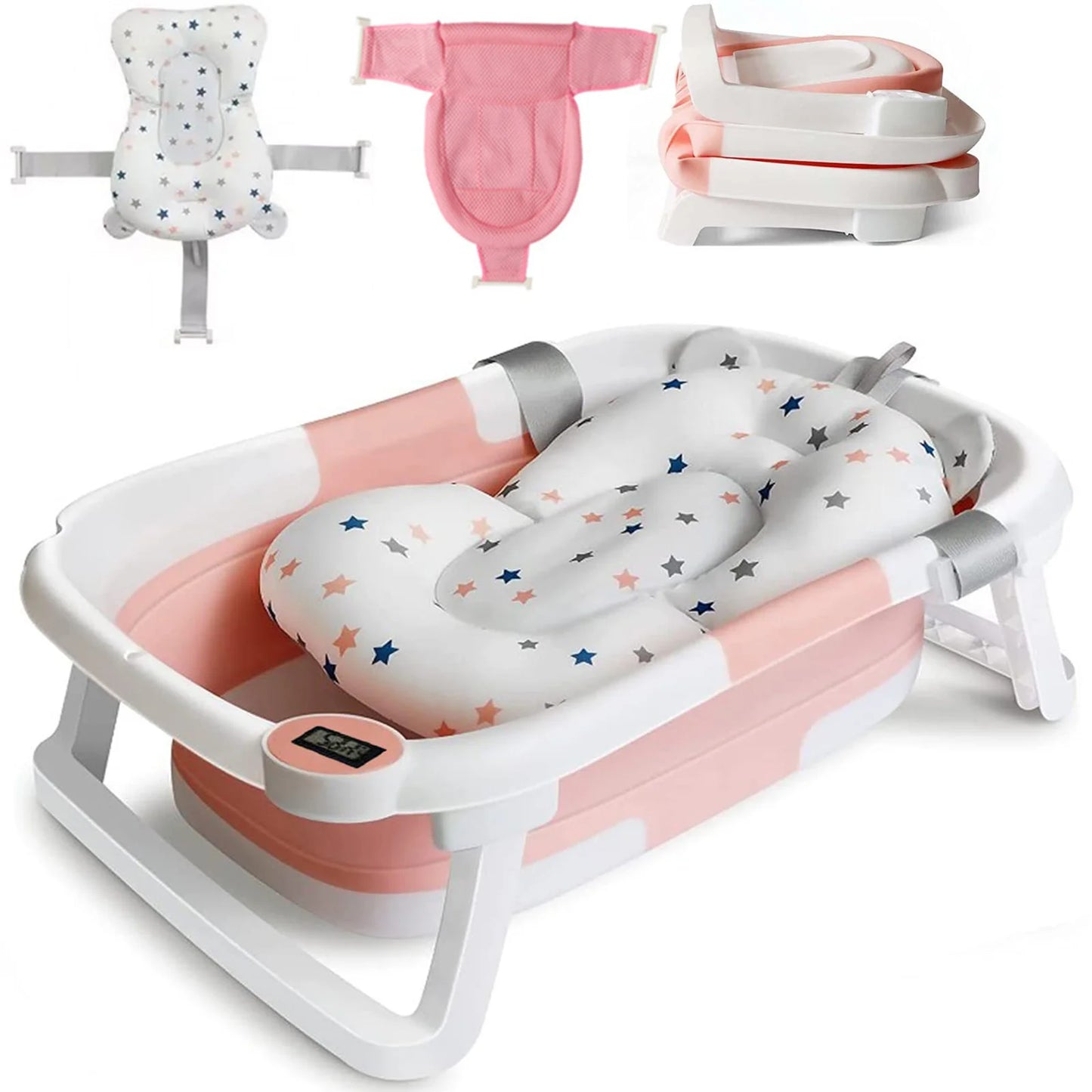 Foldable Baby Bath Tub With Cushion And Thermometer For Toddlers