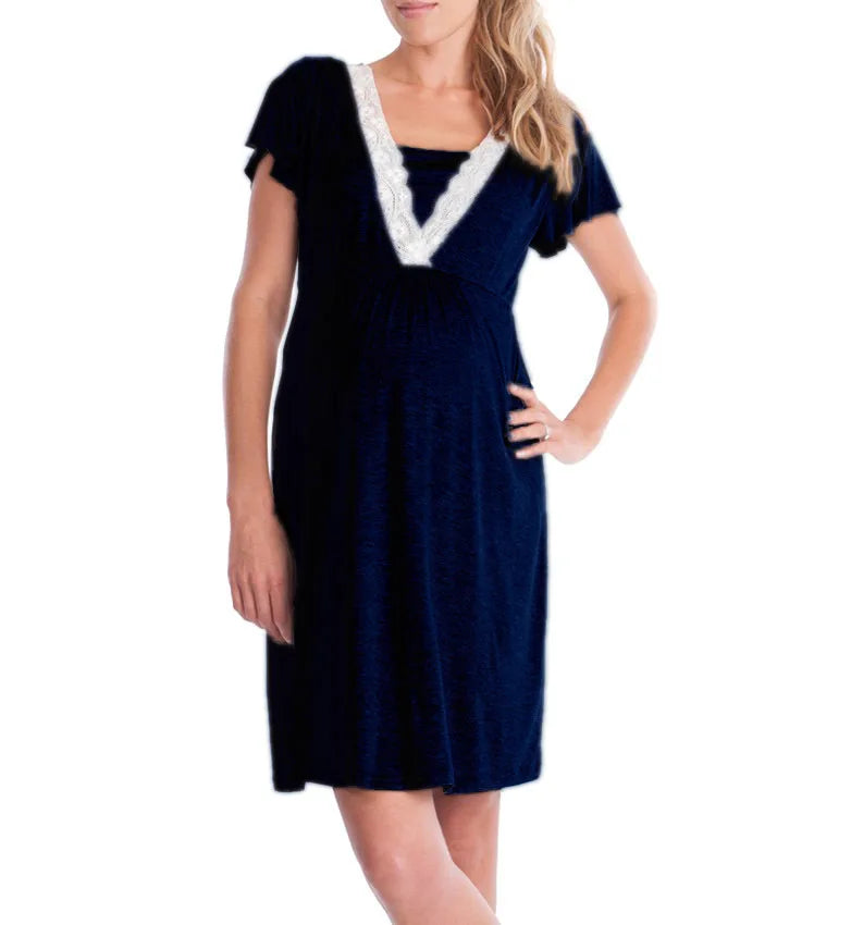 Maternity Nursing Nightgown Lace Sleepwear With Adjustable Belt Pajama Dress