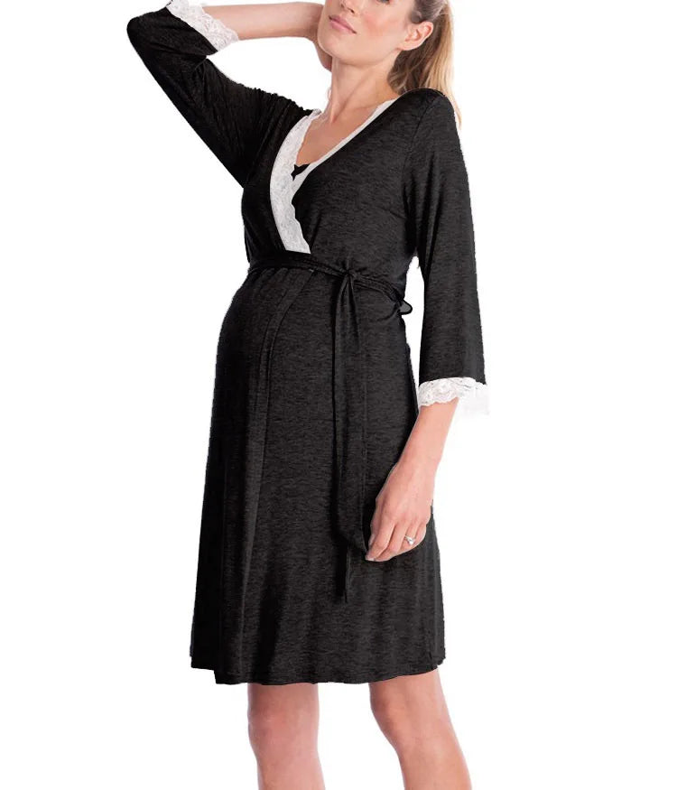Maternity Nursing Nightgown Lace Sleepwear With Adjustable Belt Pajama Dress