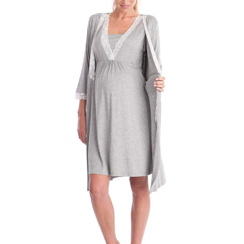 Maternity Nursing Nightgown Lace Sleepwear With Adjustable Belt Pajama Dress