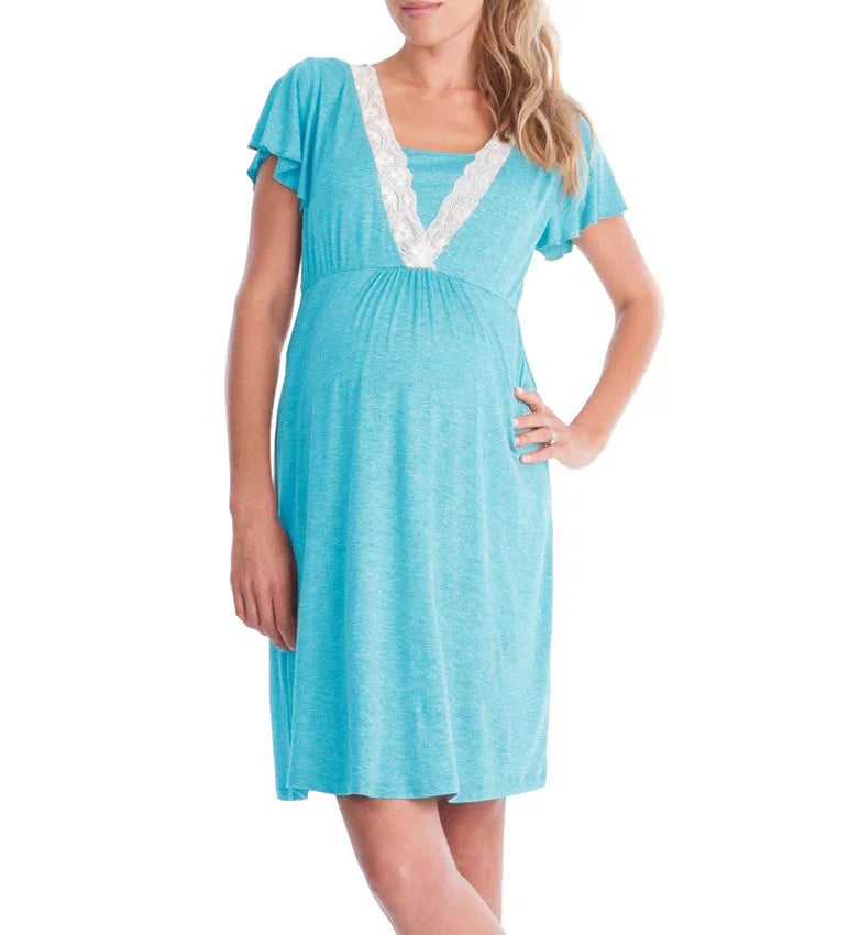 Maternity Nursing Nightgown Lace Sleepwear With Adjustable Belt Pajama Dress