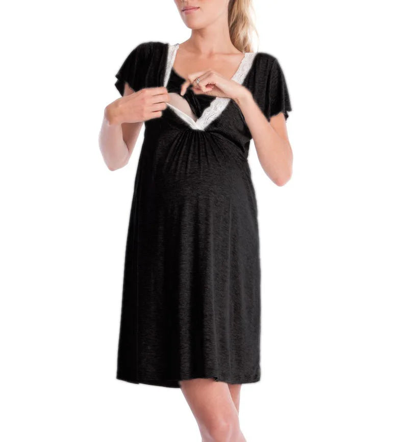 Maternity Nursing Nightgown Lace Sleepwear With Adjustable Belt Pajama Dress