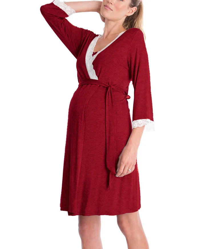 Maternity Nursing Nightgown Lace Sleepwear With Adjustable Belt Pajama Dress