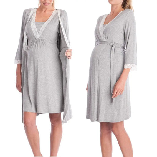 Maternity Nursing Nightgown Lace Sleepwear With Adjustable Belt Pajama Dress