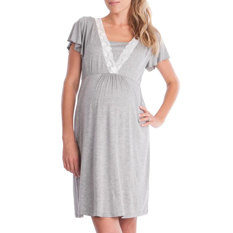 Maternity Nursing Nightgown Lace Sleepwear With Adjustable Belt Pajama Dress