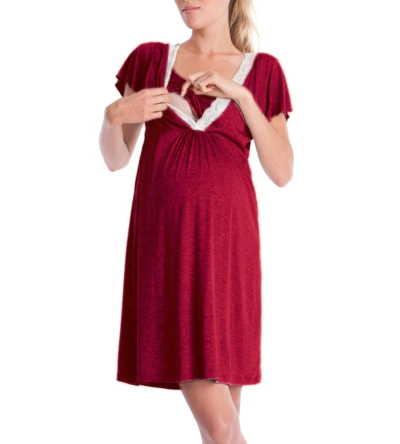 Maternity Nursing Nightgown Lace Sleepwear With Adjustable Belt Pajama Dress