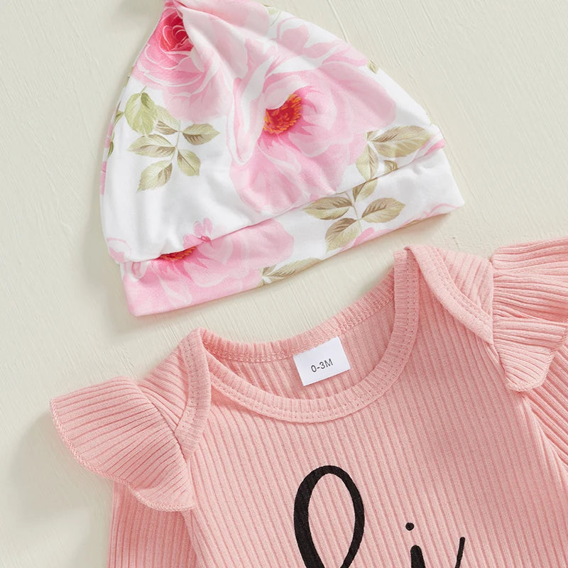 Pudcoco Baby Girls 4 Piece Outfit Set Letter Print Romper Floral Pants Hat