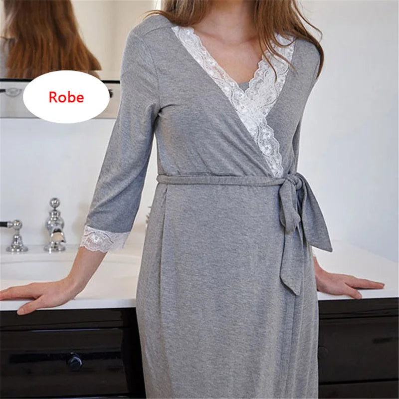 Maternity Nursing Nightgown Lace Sleepwear With Adjustable Belt Pajama Dress