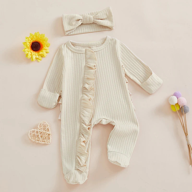 Pudcoco Infant Footed Romper With Ruffled Sleeves And Headband