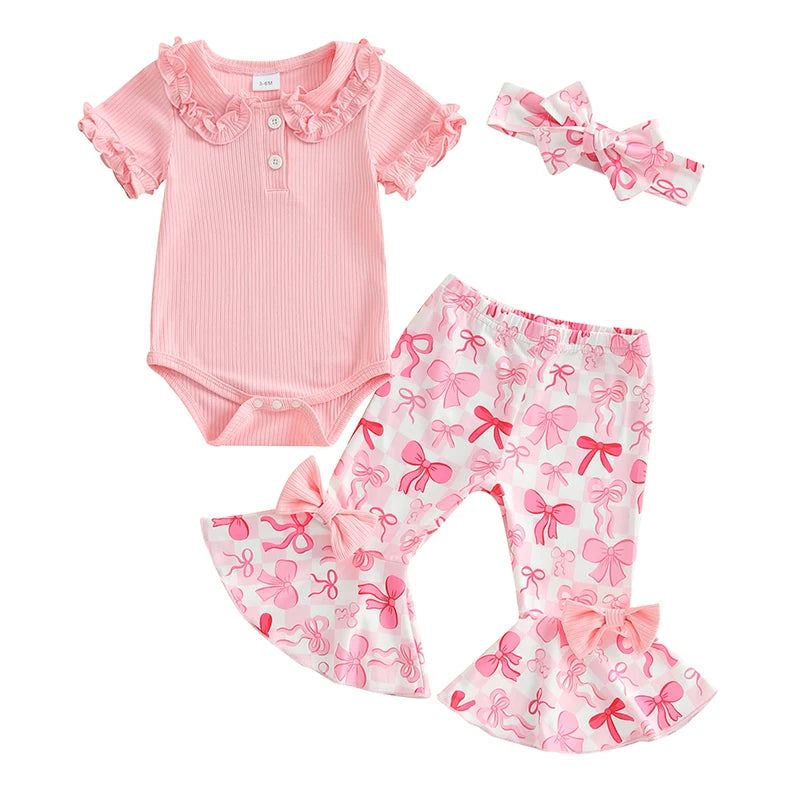 Toddler Girls 3 Piece Outfit Set With Ruffle Sleeve Romper