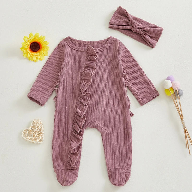 Pudcoco Infant Footed Romper With Ruffled Sleeves And Headband