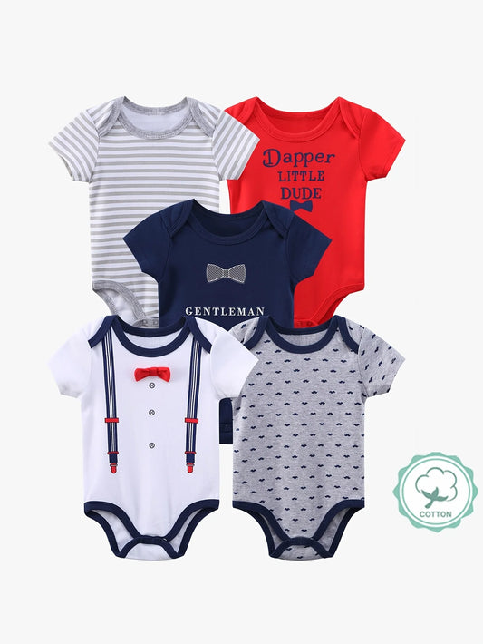 5 Pack Baby Boys Short Sleeve Triangle Bodysuits With Bow Tie Cotton Rompers