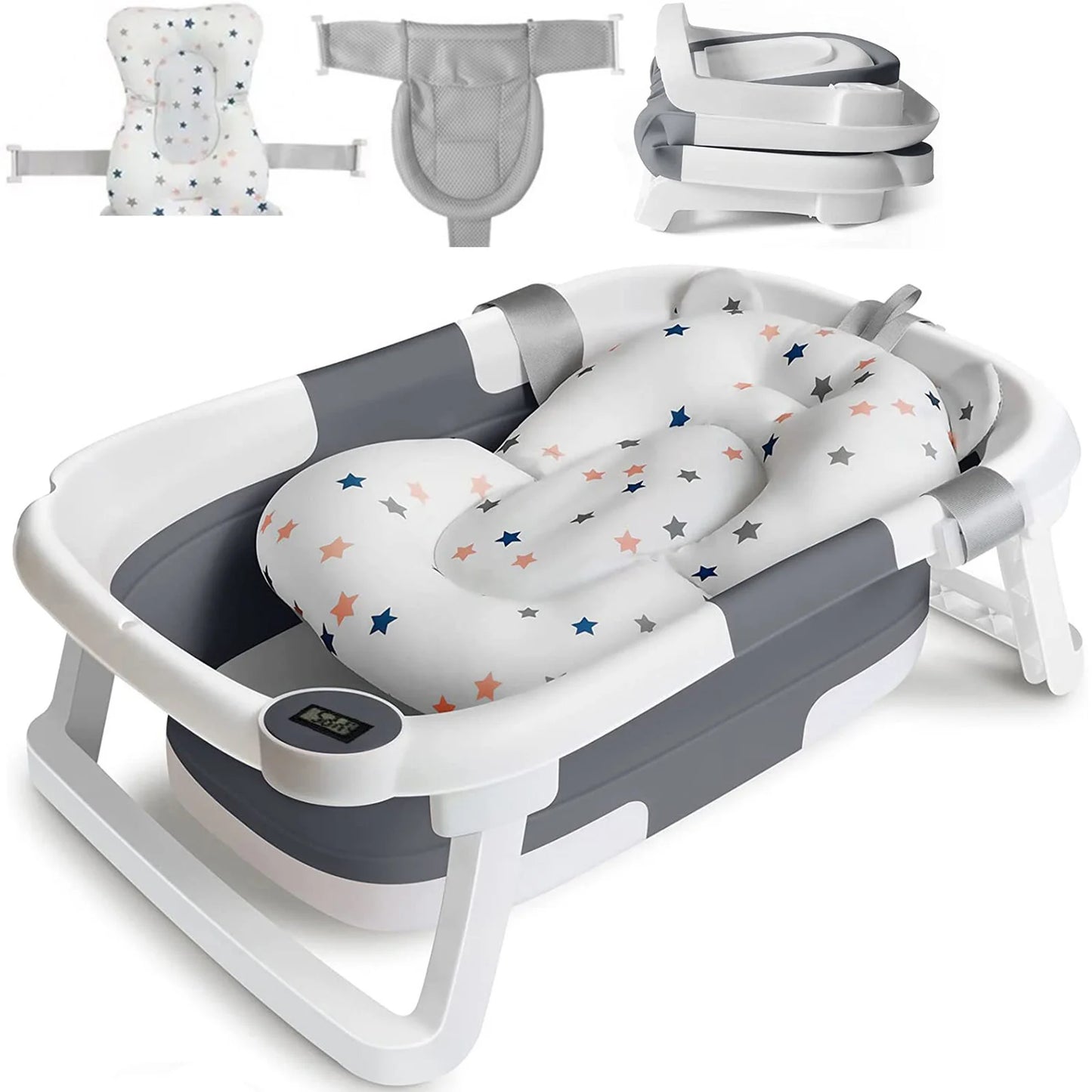 Foldable Baby Bath Tub With Cushion And Thermometer For Toddlers