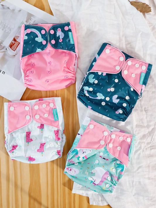 4 Pack Reusable Cloth Diapers With Quick-Dry Fleece Lining Pocket Covers