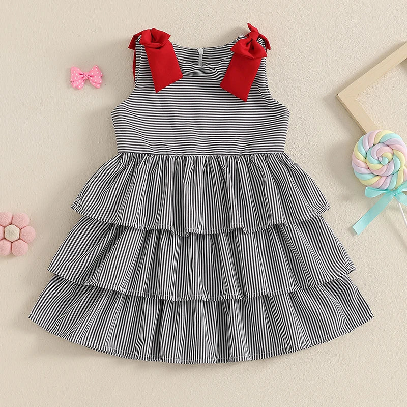 Toddler Sleeveless Striped A-Line Dress With Bowknot Detail