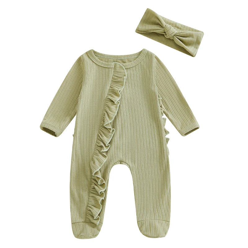 Pudcoco Infant Footed Romper With Ruffled Sleeves And Headband