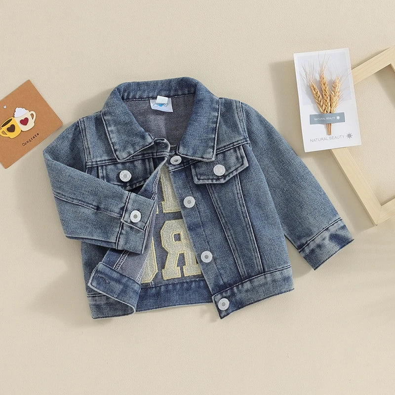 Lioraitiin Toddler Boys Denim Jacket With Letter Embroidery Button Down