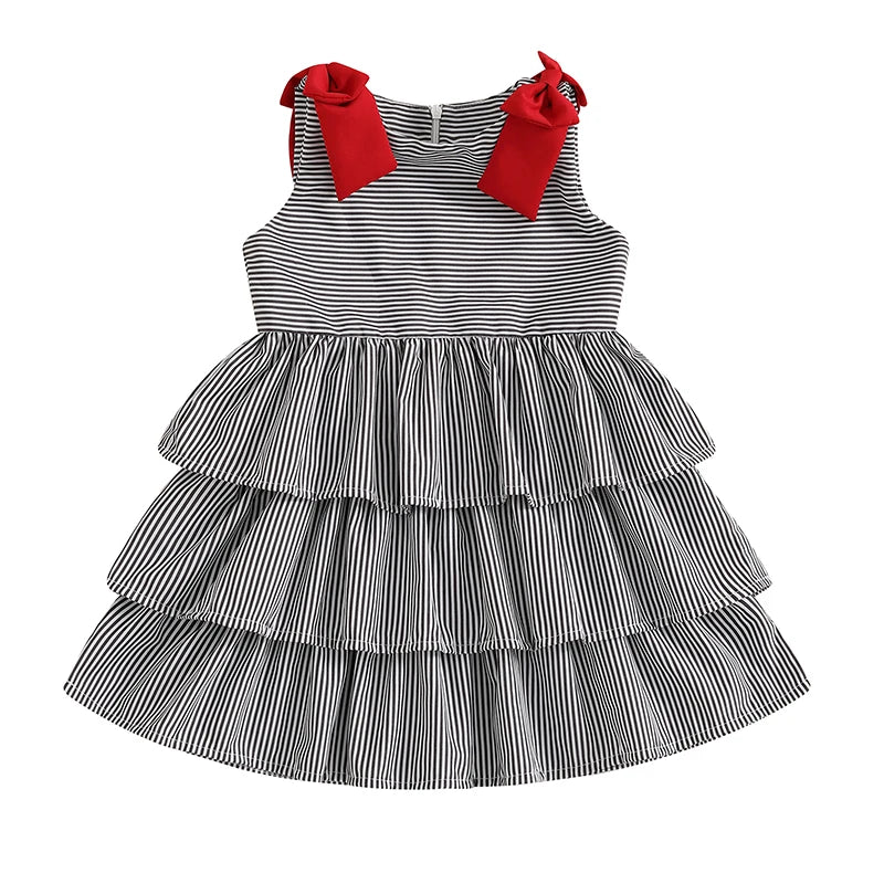 Toddler Sleeveless Striped A-Line Dress With Bowknot Detail