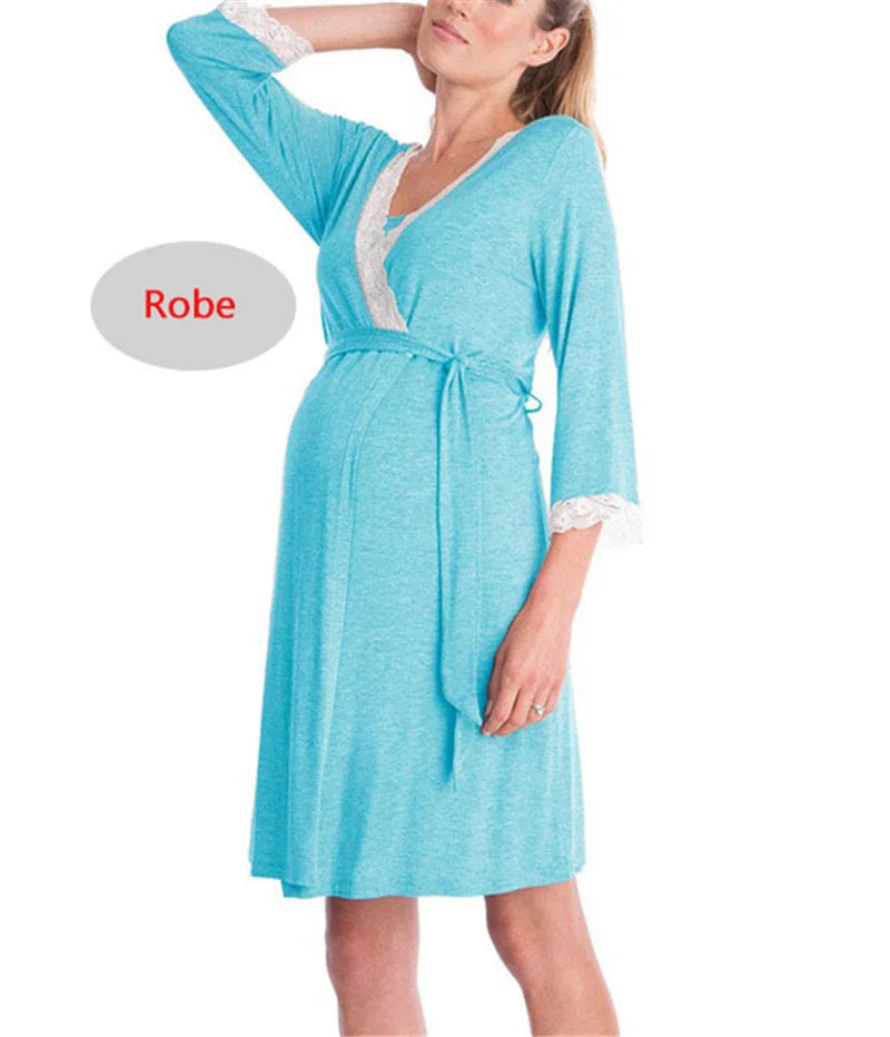 Maternity Nursing Nightgown Lace Sleepwear With Adjustable Belt Pajama Dress