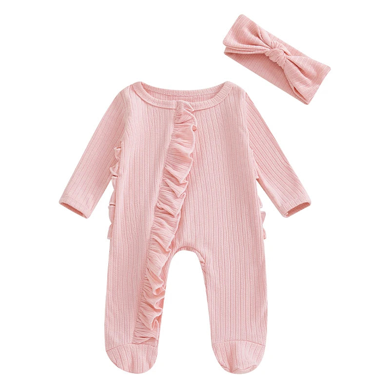 Pudcoco Infant Footed Romper With Ruffled Sleeves And Headband