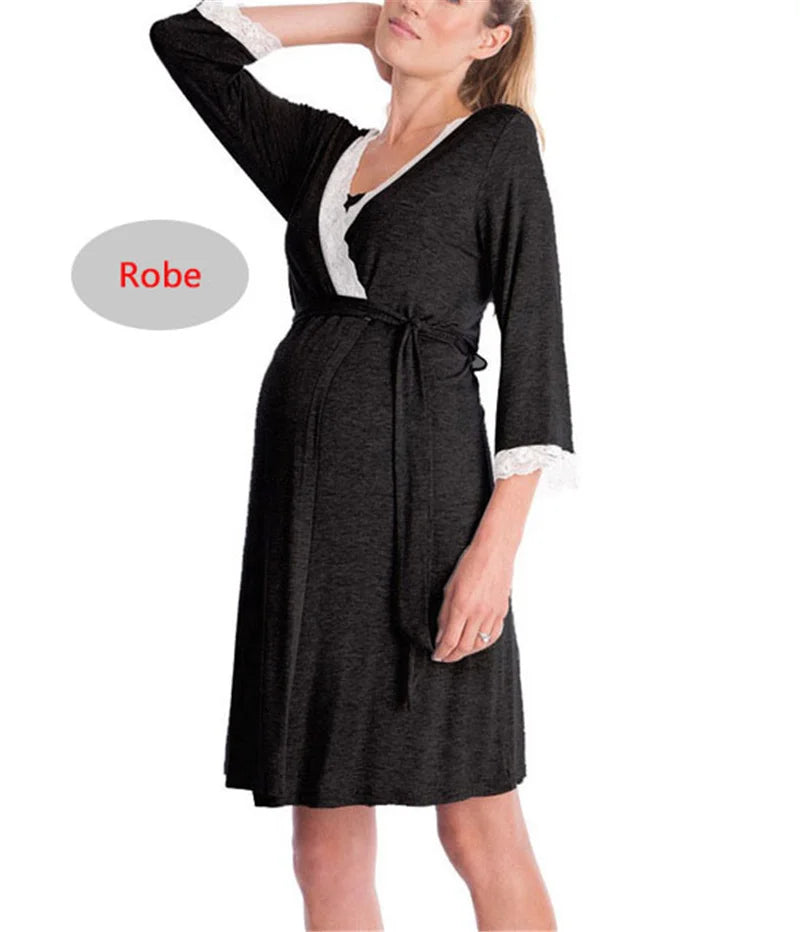 Maternity Nursing Nightgown Lace Sleepwear With Adjustable Belt Pajama Dress