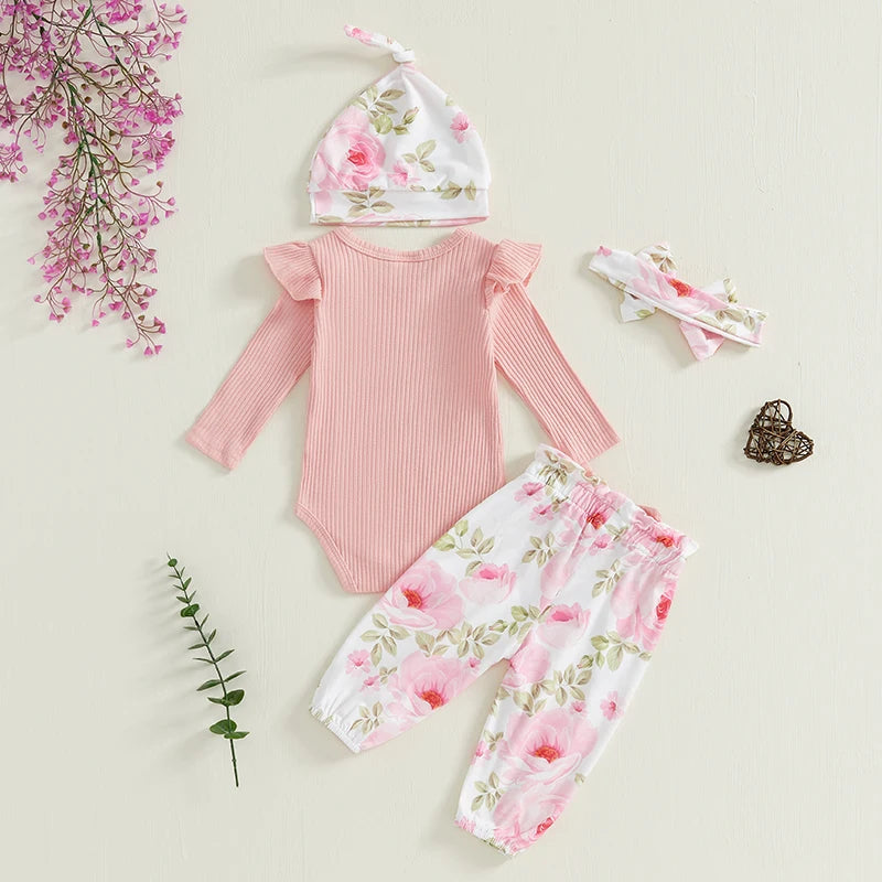 Pudcoco Baby Girls 4 Piece Outfit Set Letter Print Romper Floral Pants Hat