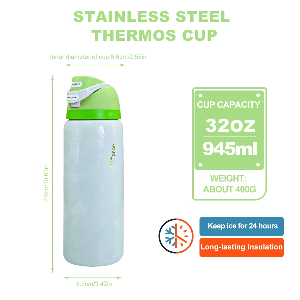 Nightlight Ghost Stainless Steel Insulated Water Bottle with Straw