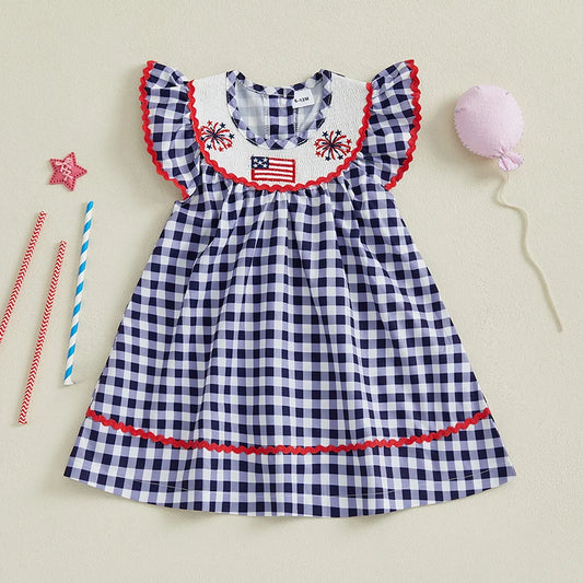Independence Day Toddler Dress Plaid Design With American Flag Embroidery