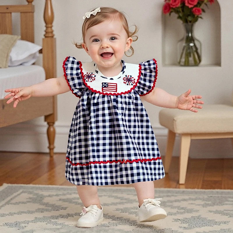 Independence Day Toddler Dress Plaid Design With American Flag Embroidery