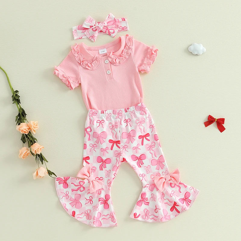Toddler Girls 3 Piece Outfit Set With Ruffle Sleeve Romper