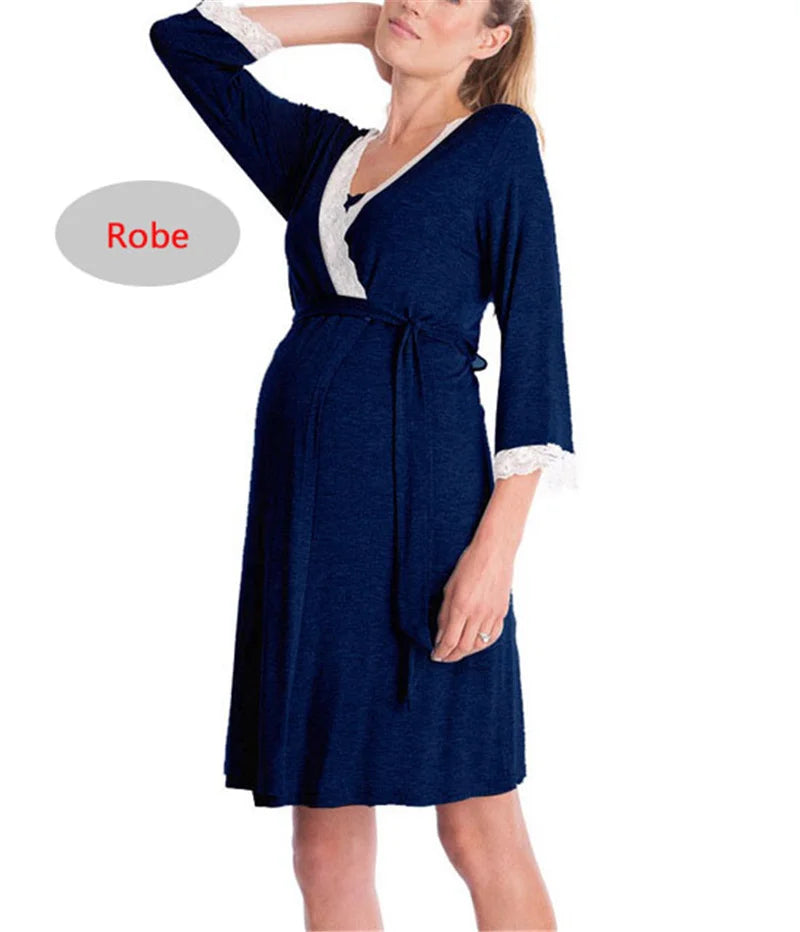 Maternity Nursing Nightgown Lace Sleepwear With Adjustable Belt Pajama Dress