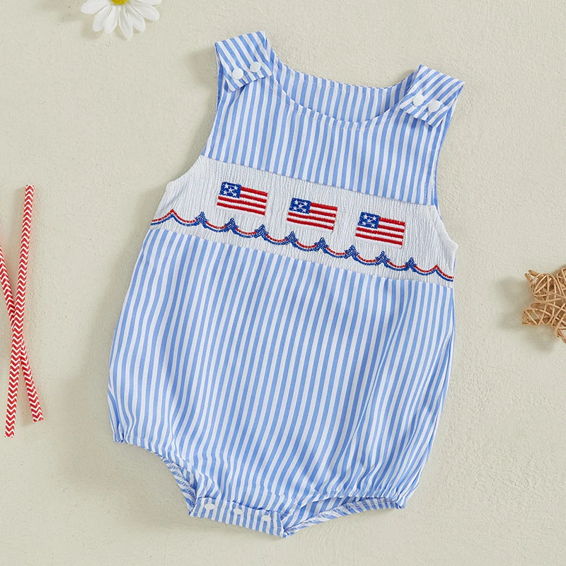 Infant Boy Independence Day Striped Romper USA Flag Embroidery