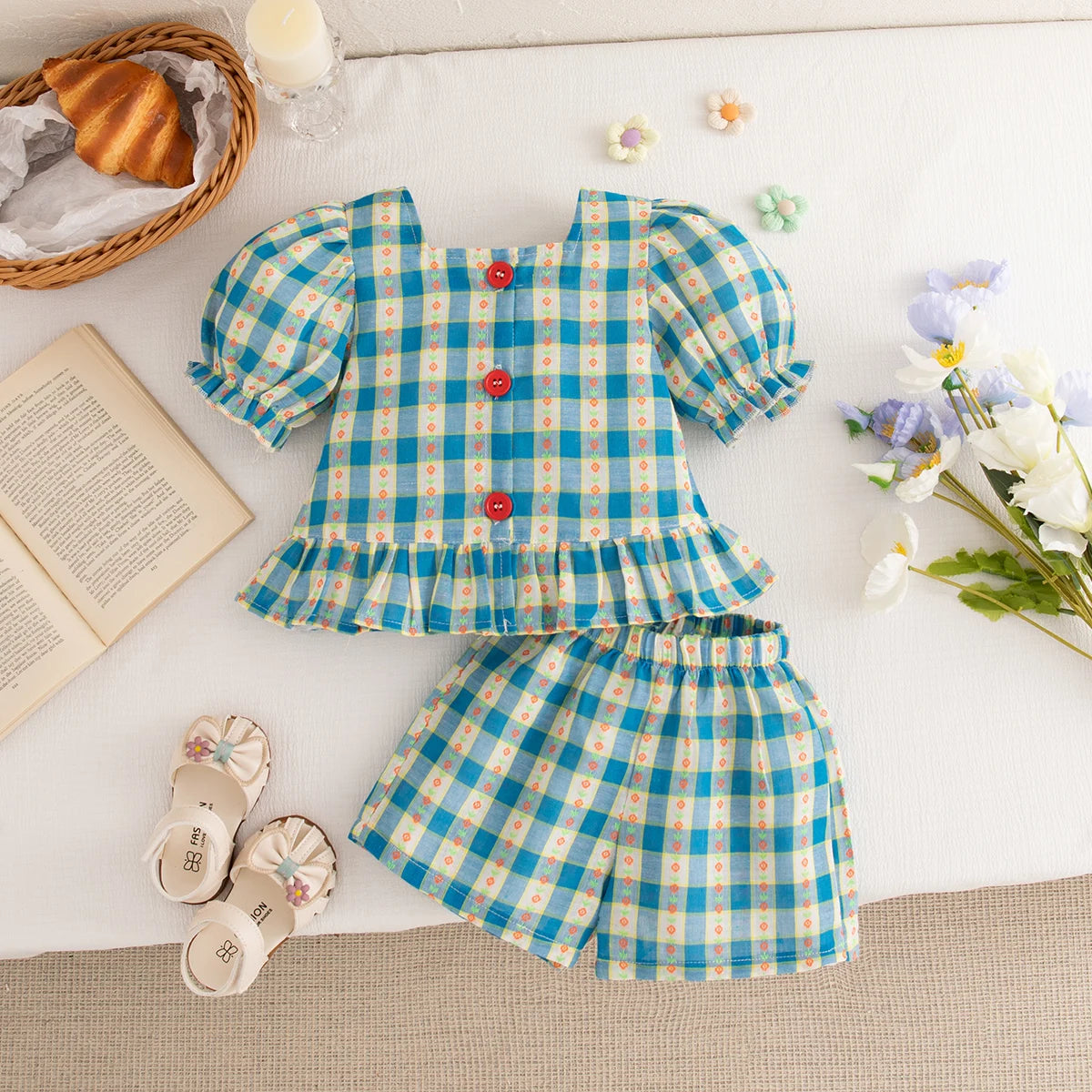 Cotton Bubble Sleeve Top And Shorts Set For Girls Style