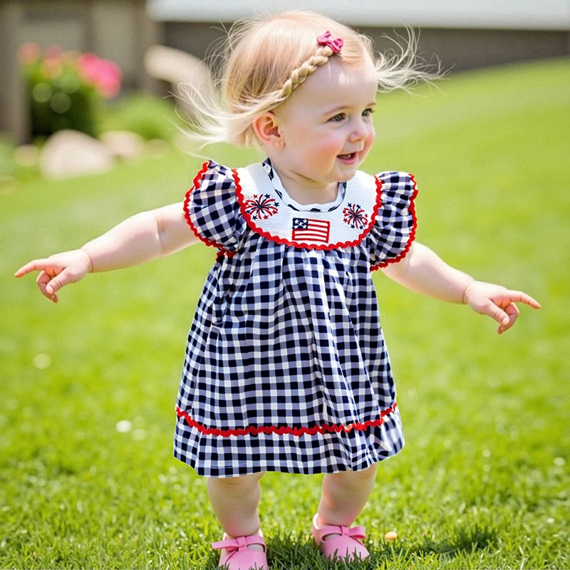 Independence Day Toddler Dress Plaid Design With American Flag Embroidery