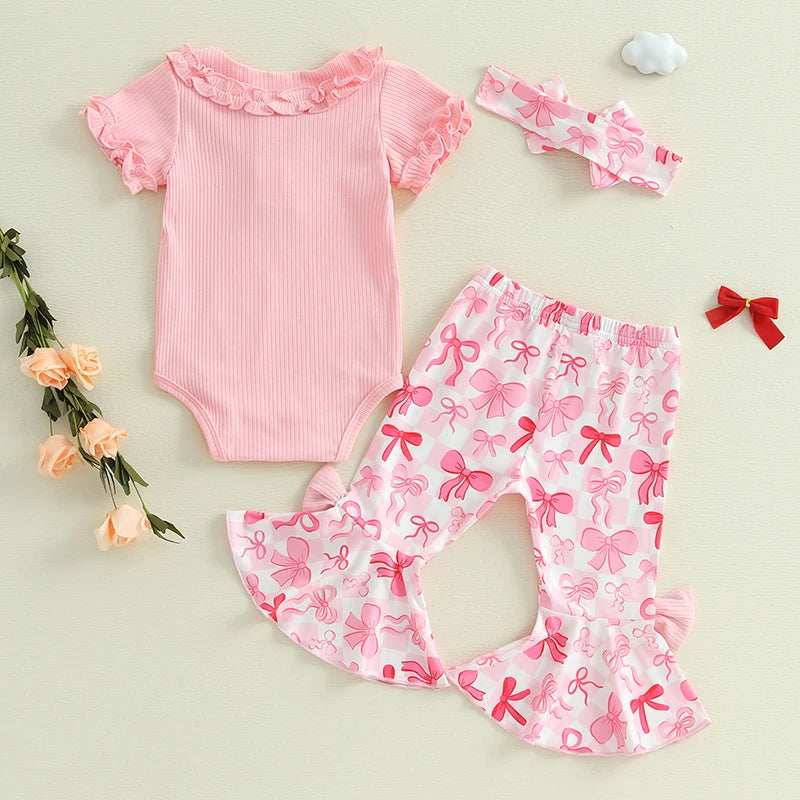 Toddler Girls 3 Piece Outfit Set With Ruffle Sleeve Romper