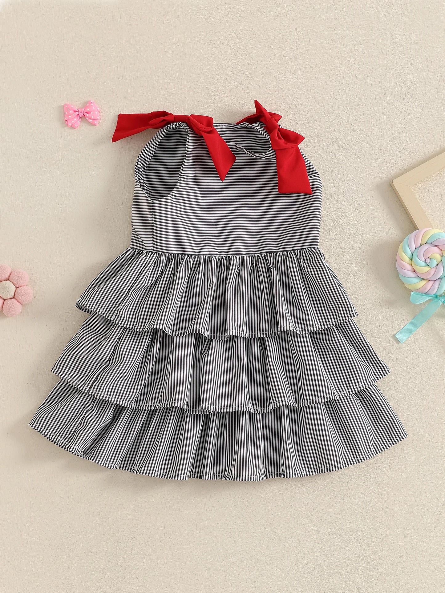 Toddler Sleeveless Striped A Line Dress Bowknot Layered Tank Dress Beach Party