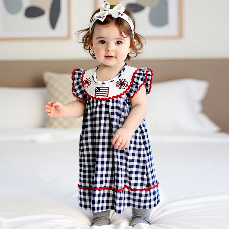 Independence Day Toddler Dress Plaid Design With American Flag Embroidery