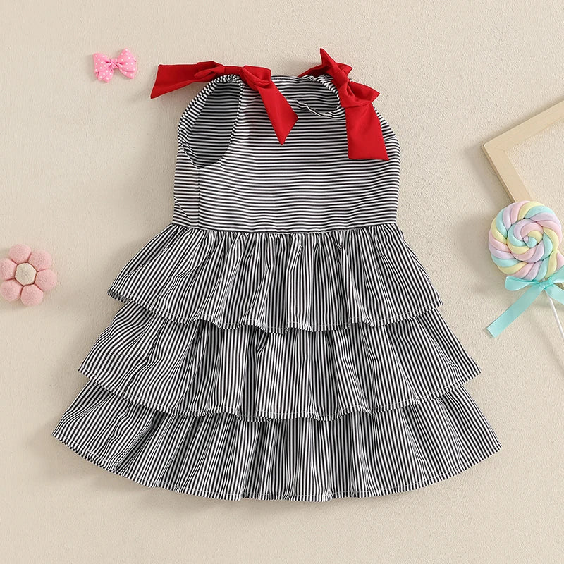 Toddler Sleeveless Striped A-Line Dress With Bowknot Detail