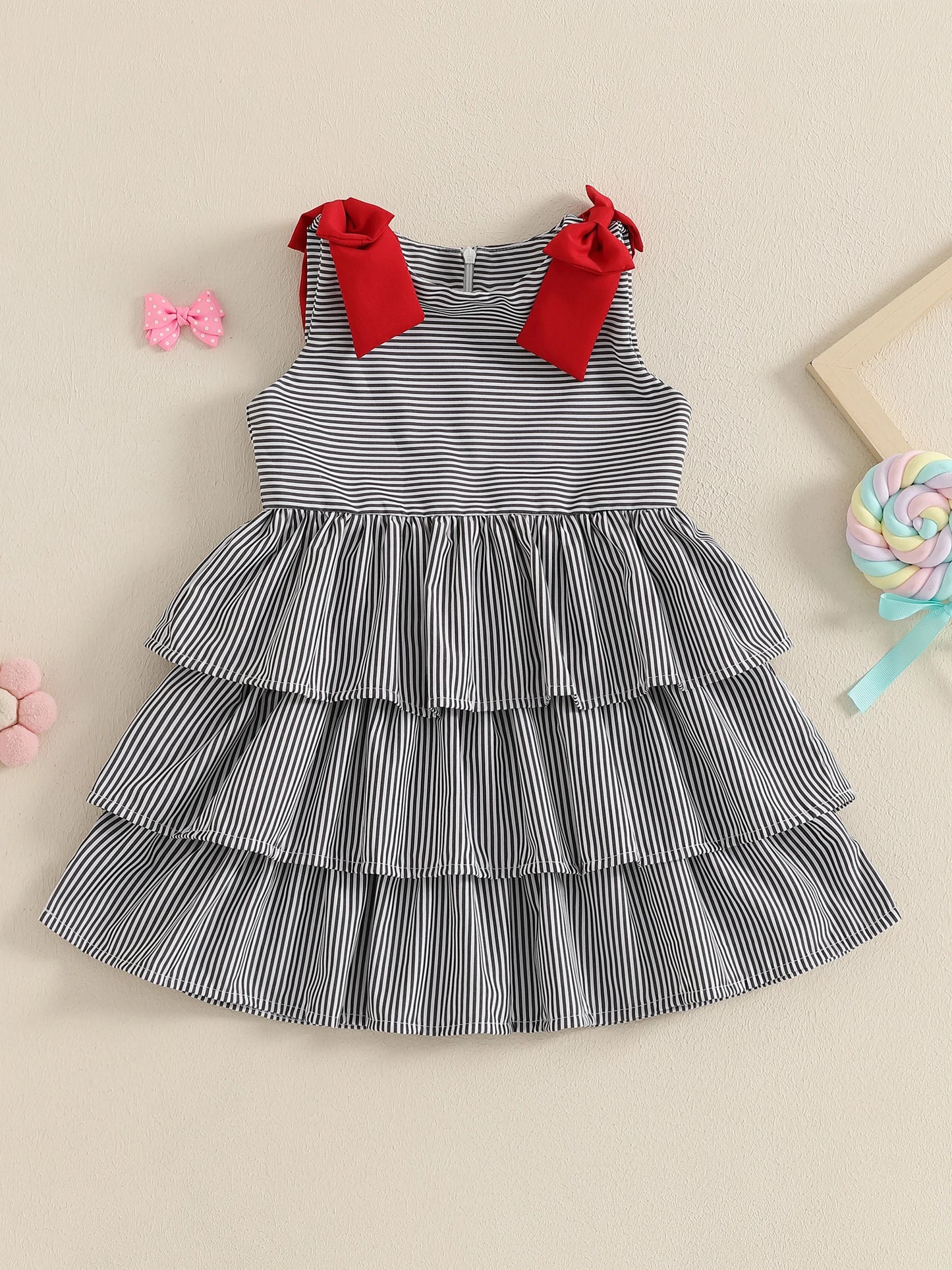 Toddler Sleeveless Striped A-Line Dress With Bowknot Detail