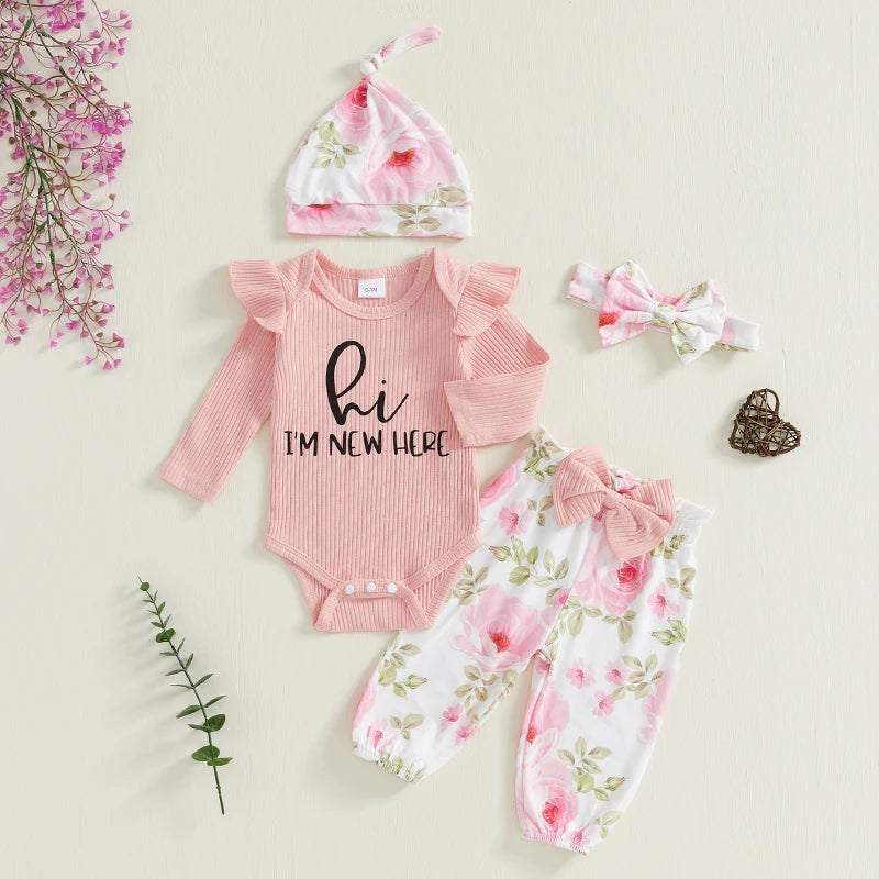 Pudcoco Baby Girls 4 Piece Outfit Set Letter Print Romper Floral Pants Hat