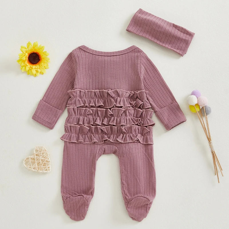 Pudcoco Infant Footed Romper With Ruffled Sleeves And Headband