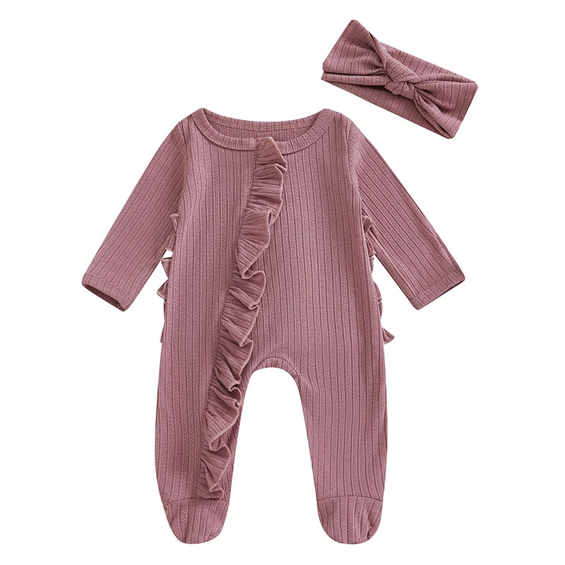 Pudcoco Infant Footed Romper With Ruffled Sleeves And Headband