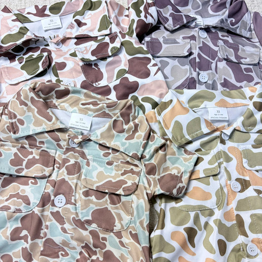 Camouflage Sibling Romper for Baby Boy Short Sleeve Button Up