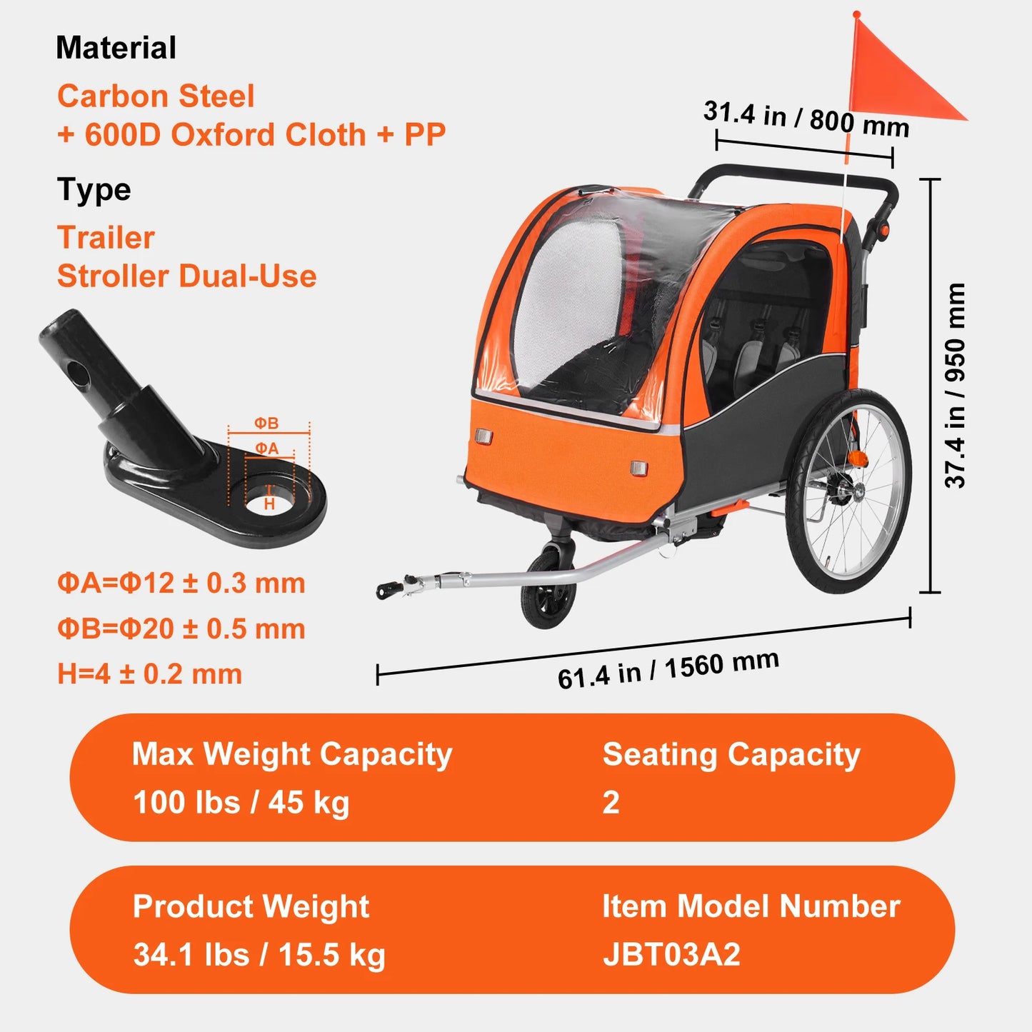 SucceBuy Dual Seat Child Bike Trailer Converts To Stroller