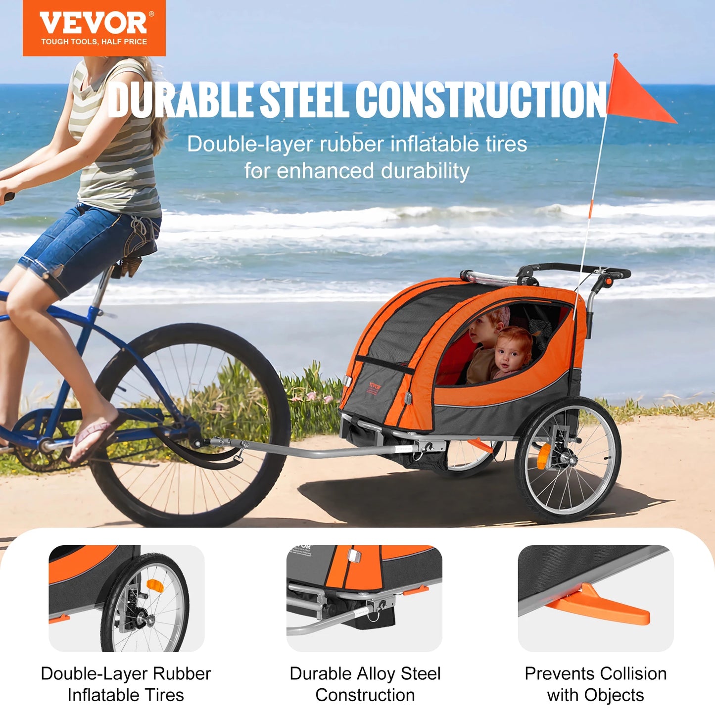 SucceBuy Dual Seat Child Bike Trailer Converts To Stroller