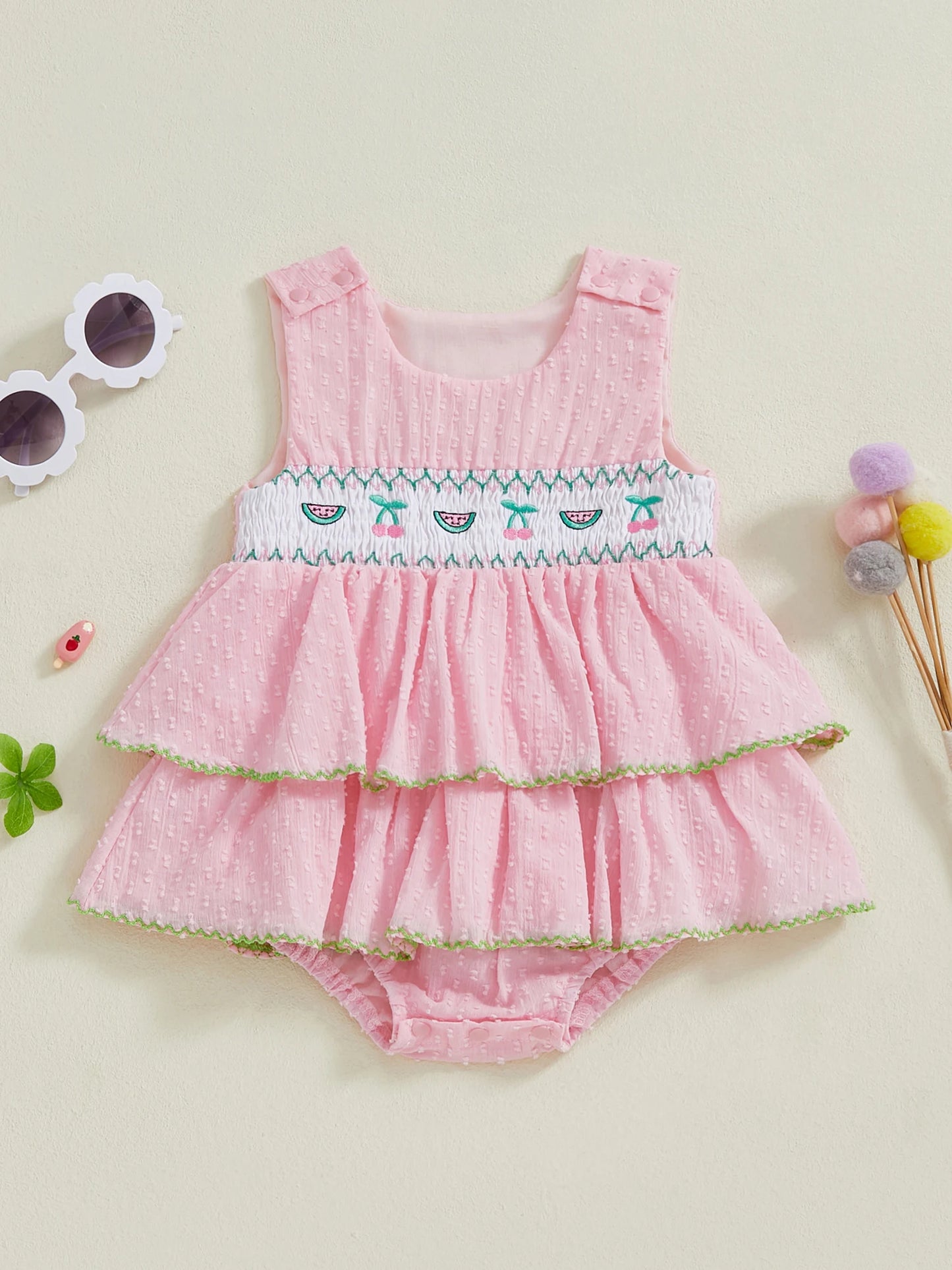 Infant Floral Sleeveless Romper Dress With Ruffle Bow
