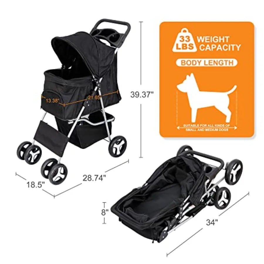 XMSJ Four Wheel Pet Stroller Foldable Carrier For Dogs Cats